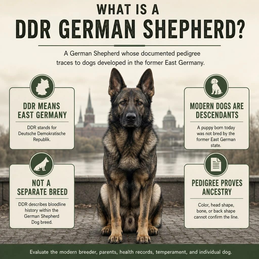 DDR German Shepherd: History, Traits, Temperament, and Buyer Guide Quick-answer infographic explaining East German DDR bloodline ancestry in German Shepherds