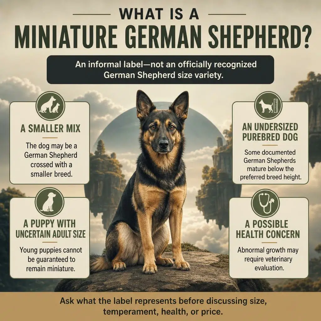 Miniature German Shepherd: Size, Genetics, Health, and Buyer Guide Quick-answer infographic explaining what the miniature German Shepherd label may mean